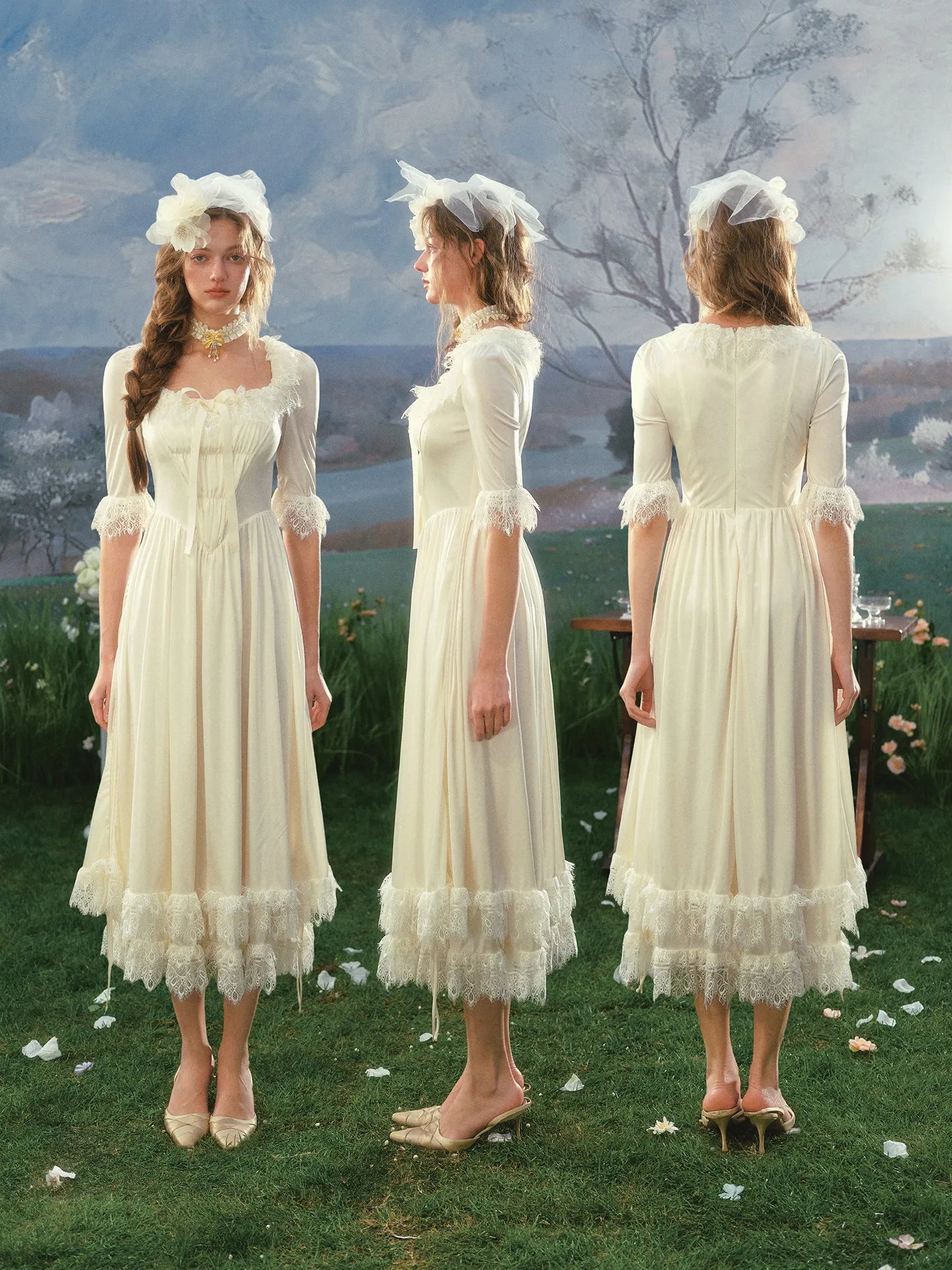 The Swan Regina Gown | French Vintage Court Satin Dress | Elegant Square Neck Wedding Maxi | Parisian Princess