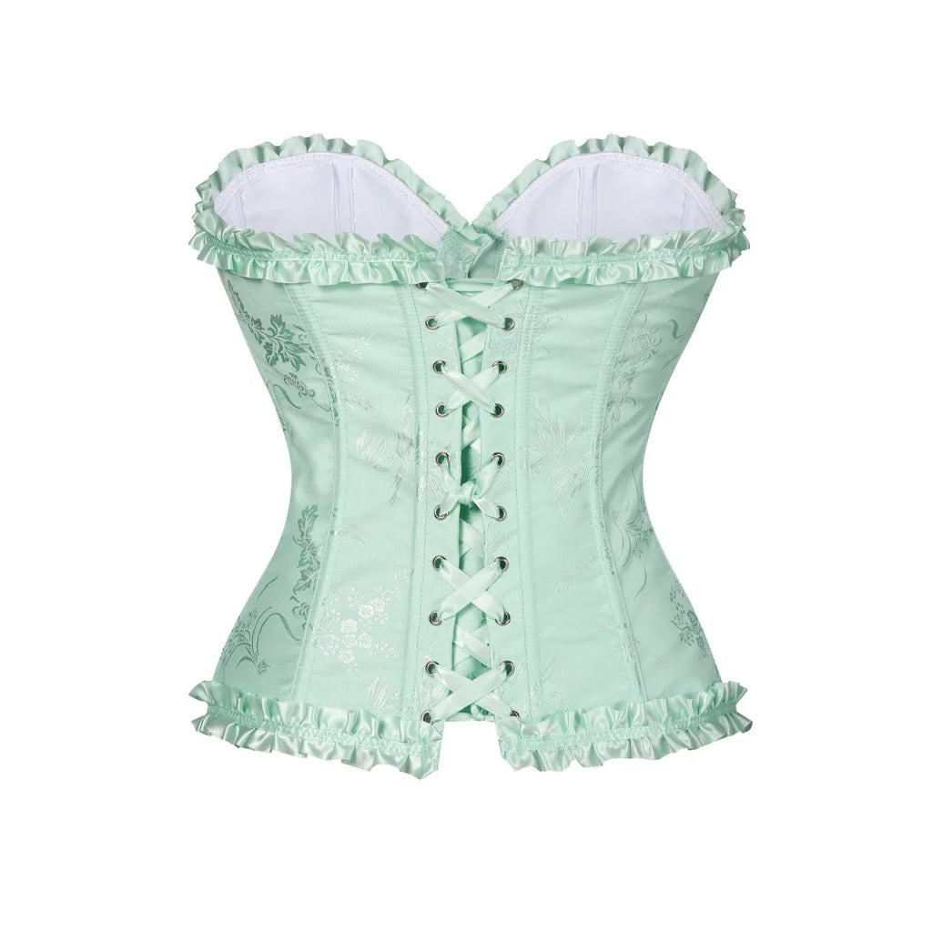 Yellow Jacquard Ruffled Trim Boned Sexy Overbust Push Up Bustier Top Corset Mujer Slimming Corsets For Women Sexy Gothic Clothes