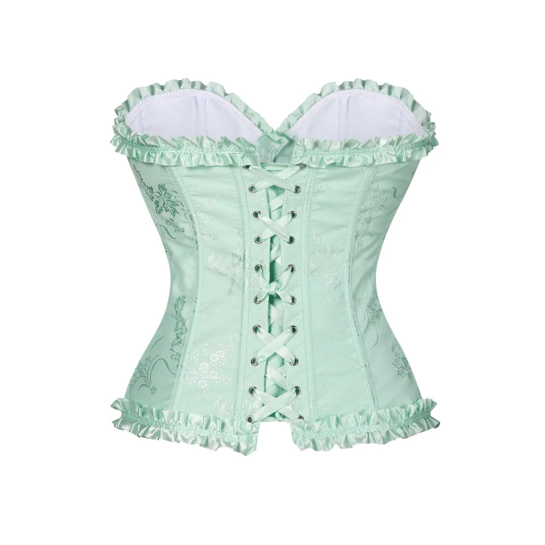 Yellow Jacquard Ruffled Trim Boned Sexy Overbust Push Up Bustier Top Corset Mujer Slimming Corsets For Women Sexy Gothic Clothes