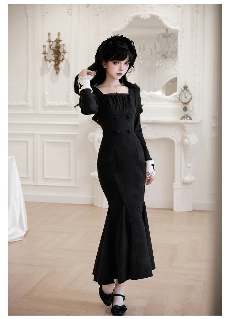 Original French Elegant Court Black Long Mermaid Dresses Op Autumn New Women's Slim Fit Lolita Long Sleeve Dress Gothic Dresses