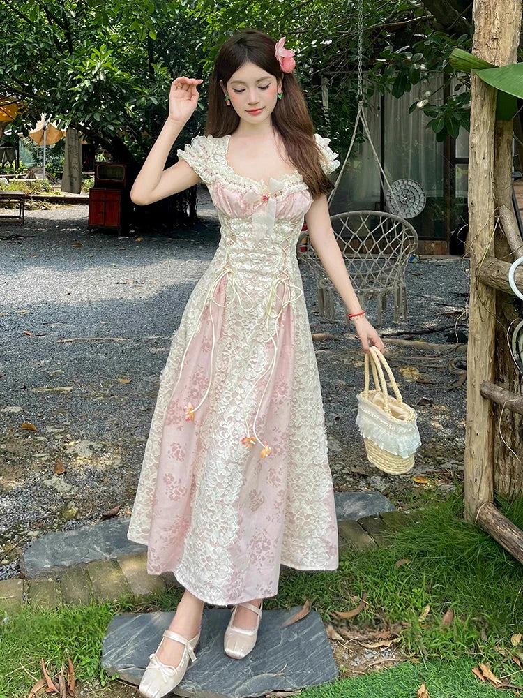 REDDACHiC Medieval Retro Women Party Dress Floral Lace-up Corset Bow Patchwork Midi Long Dress Victorian Renaissance Costume