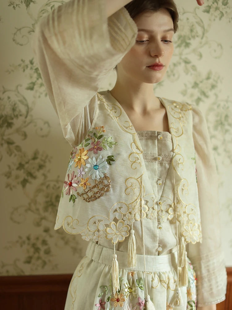The Antoinette Tassel Embroidery Vest | French Antique Floral Cotton Gilet | Open-Stitch V-Neck | Parisian Princess