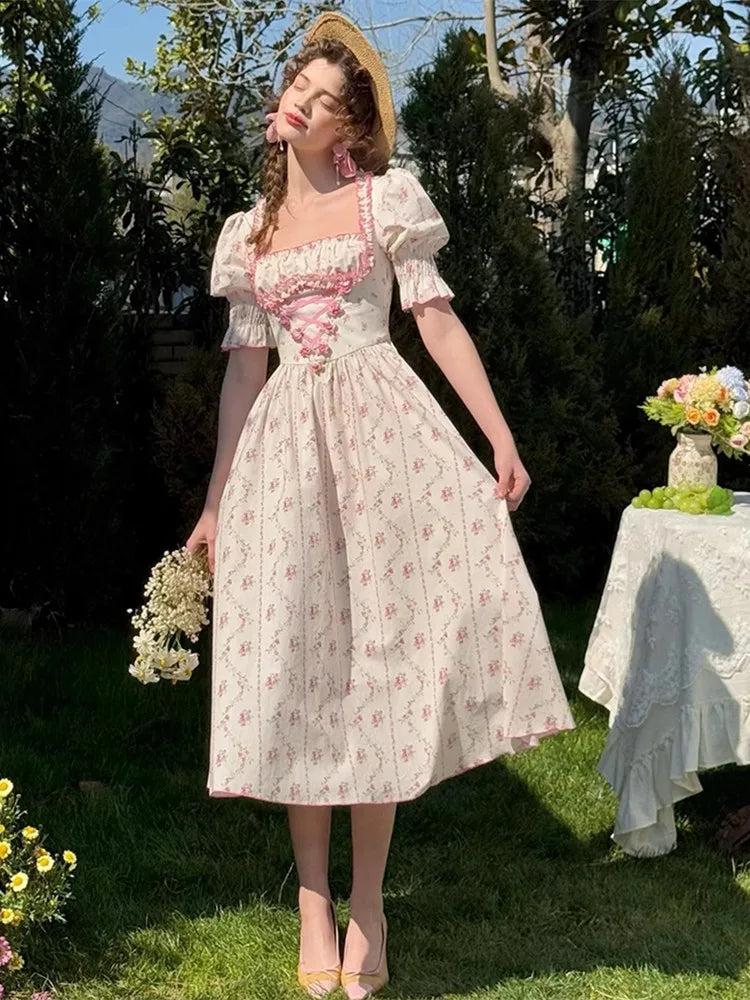 French Long Dress Women Vintage Elegant Slim French Countryside Sweet Floral Dress Soft Comfortable 100%Cotton Dress