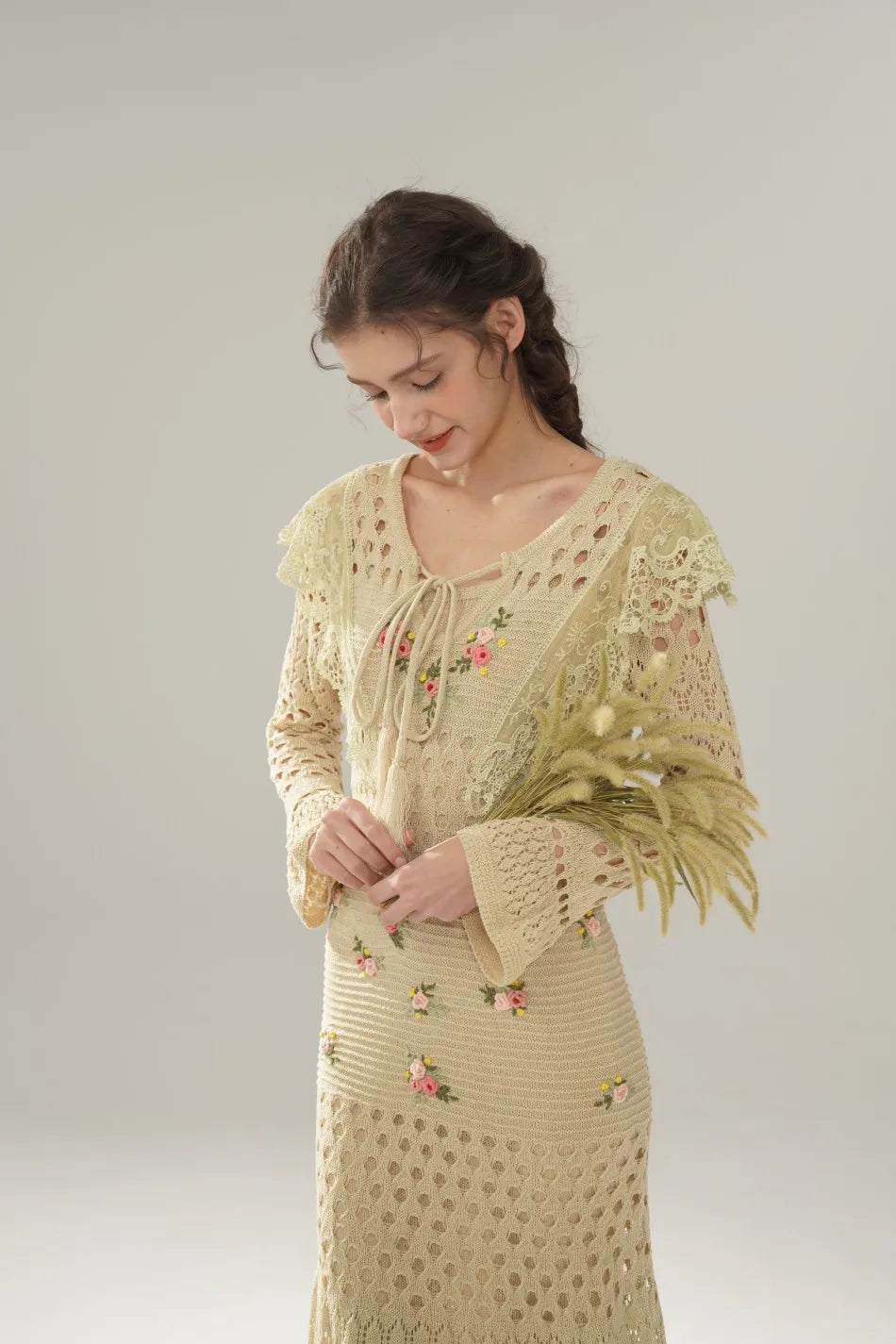 The Versailles Rose Knitted Fishtail | Hand-Embroidered Silk Blend Dress | French V-Neck Gown | Parisian Princess
