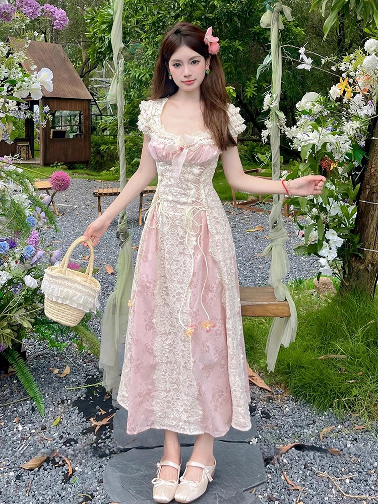 REDDACHiC Medieval Retro Women Party Dress Floral Lace-up Corset Bow Patchwork Midi Long Dress Victorian Renaissance Costume