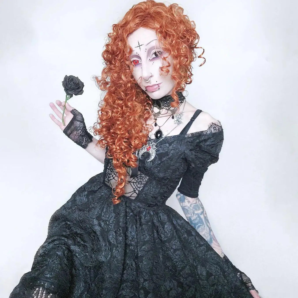 Gothica Lace Short Dress Women Cobweb Patchwork Short Sleeve Cold Shoulder Halloween Outfit Horror Ruffle Trim Costume