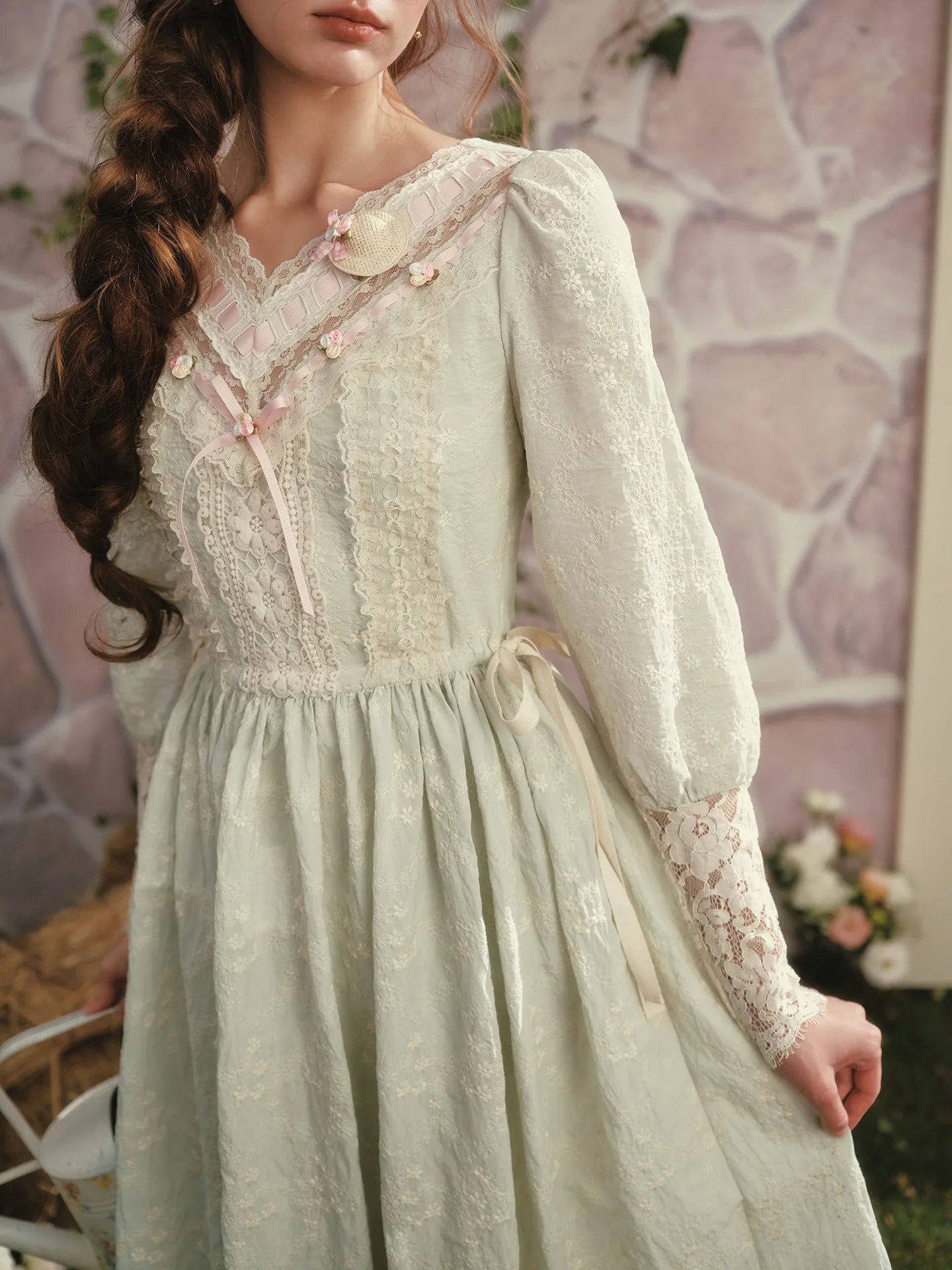 The Giverny Embroidery Gown | French Countryside V-Neck Maxi | Vintage Lantern Sleeve Lace Patchwork Dress | Parisian Princess