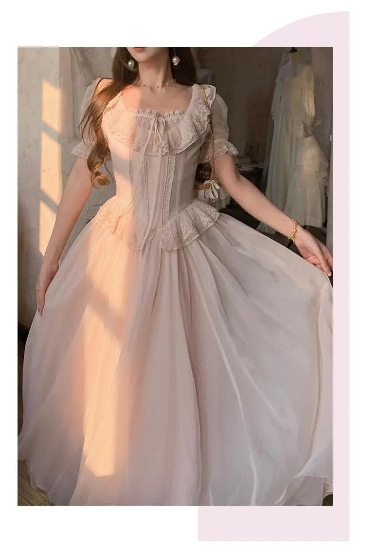 Timeless Signature Parisian Blush Pink Lace Dress French Couture Puff Sleeve Sweet Elegant Max