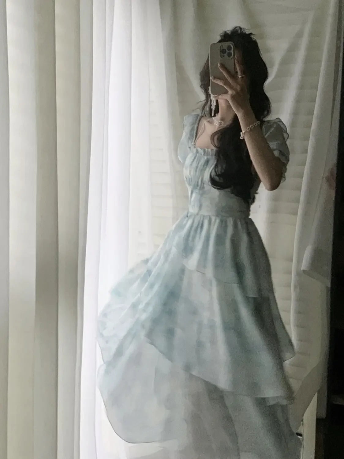 The Giverny Chiffon Gown | French Floral Empire Dress | Square Collar Fold-Detail Midi | Parisian Princess
