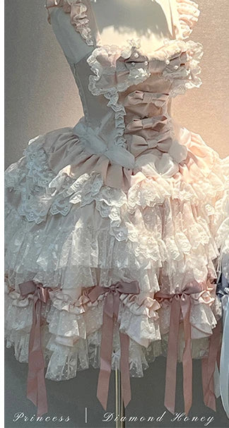 Pink Lolita Princess Dress Women's Bow Lace Heavy Industry Sweet Elegant Birthday Party Evening Dress Lady Suspender Dress Cloak