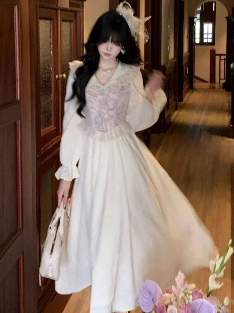 The Champs-Élysées Lace Gown | French Elegant Sweet Evening Dress | Retro Bow-Neck Mid-Calf Vestido | Parisian Princess