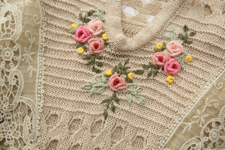 The Versailles Rose Knitted Fishtail | Hand-Embroidered Silk Blend Dress | French V-Neck Gown | Parisian Princess