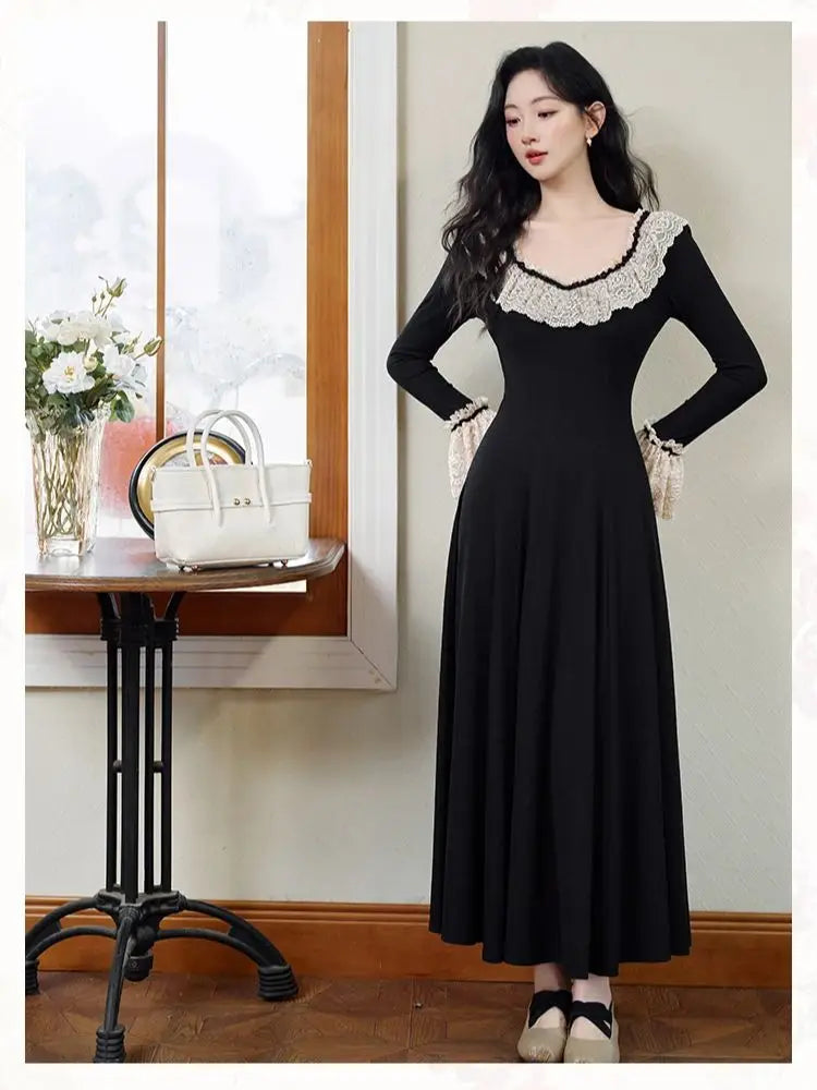 Vintage Black Knitted Basic Dress Woman Retro French Style Lace Collar Flare Sleeve Elegant Lady Long Dresses Vestido Negro