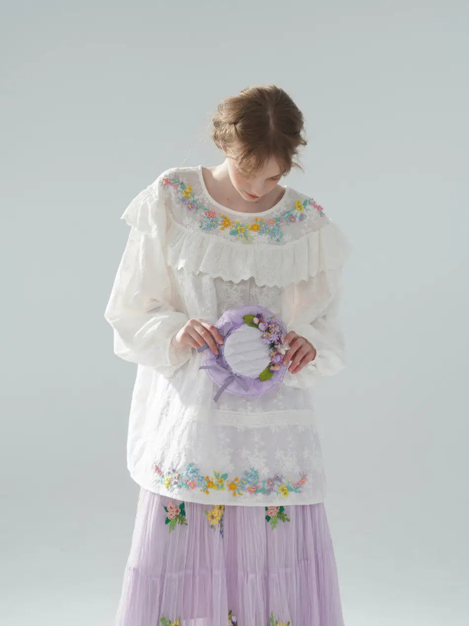 The Summer Floral Breeze Blouse | 100% Cotton Oversized White Top | Handmade 3D Embroidered Loose Lace Top | Parisian Princess