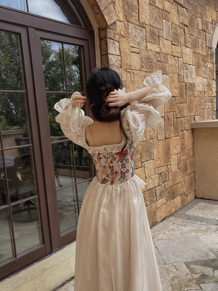 The Trianon Fairy Midi | Vintage Floral Puff Sleeve Prom Dress | Elegant Luxury Print Summer Gown | Parisian Princess