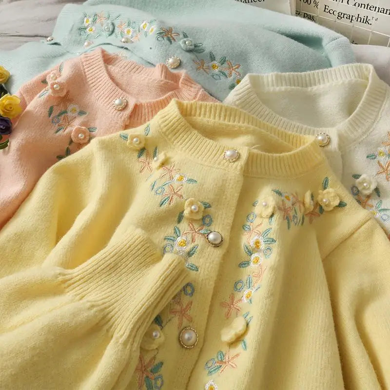 The Tuileries Garden Cardigan | Pink Handmade Floral Embroidered Sweater | Vintage Parisian Girl Knit | Parisian Princess