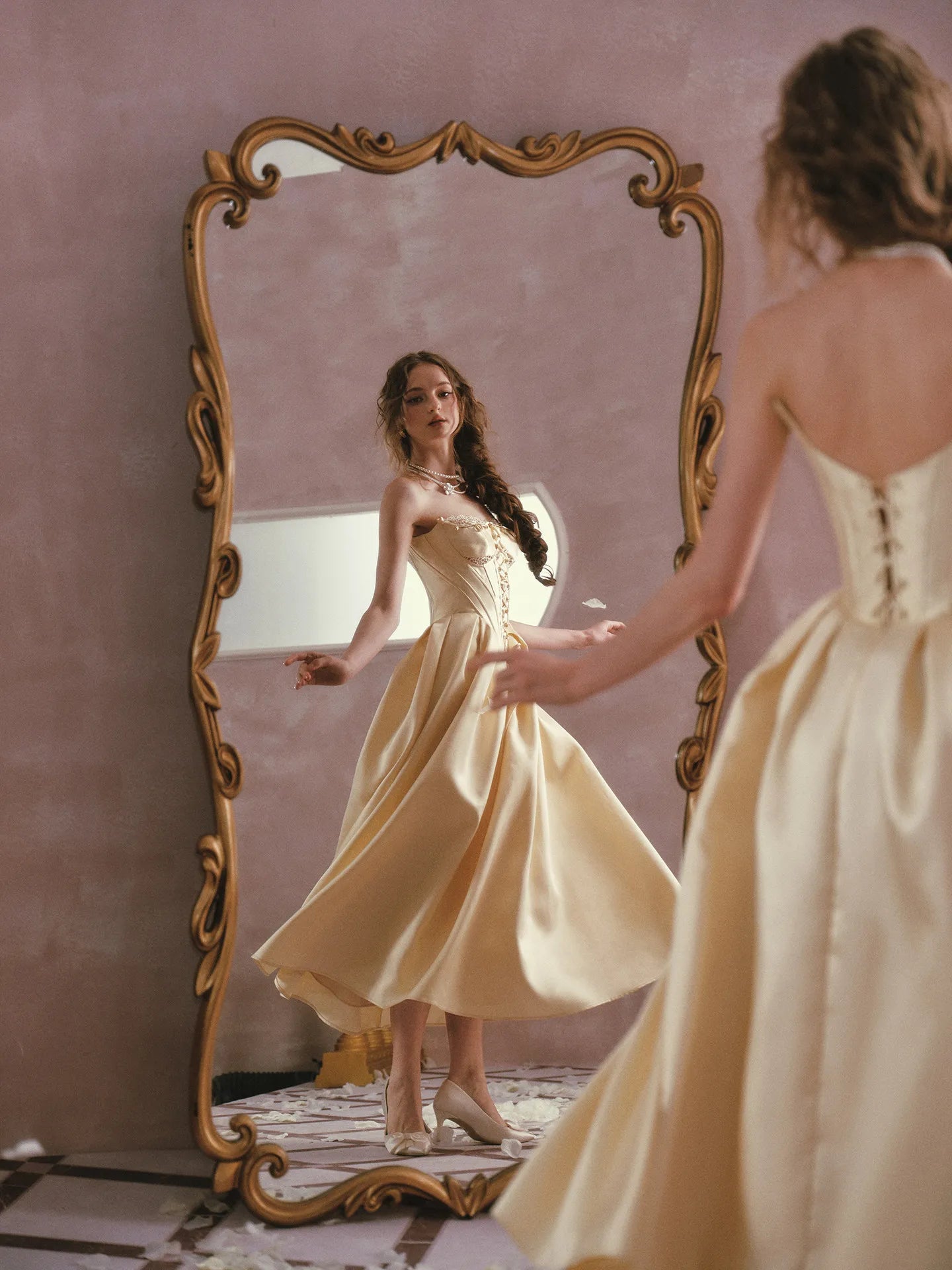 The Lemondrop Love Belle Gown | French Chic Elegant Slim Lace Corset Dress | Strapless Empire Waist Satin Maxi | Parisian Princess