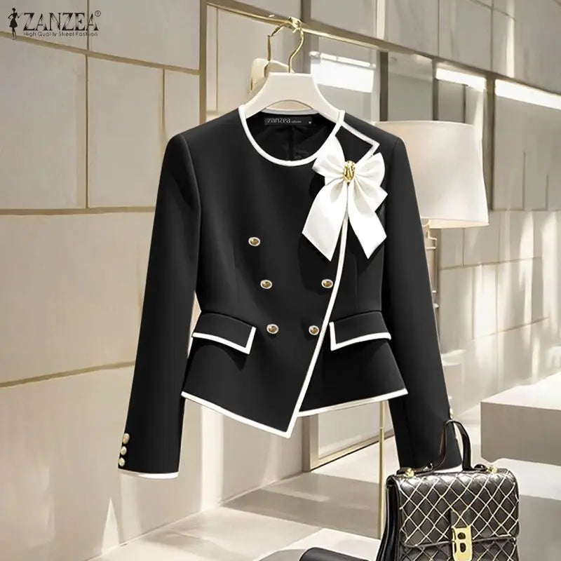 Parisian Elegant Blazer Double Breasted Long Sleeve Coats Women Fashion Bow Office Outerwear 2025 Casual Street Jackerts