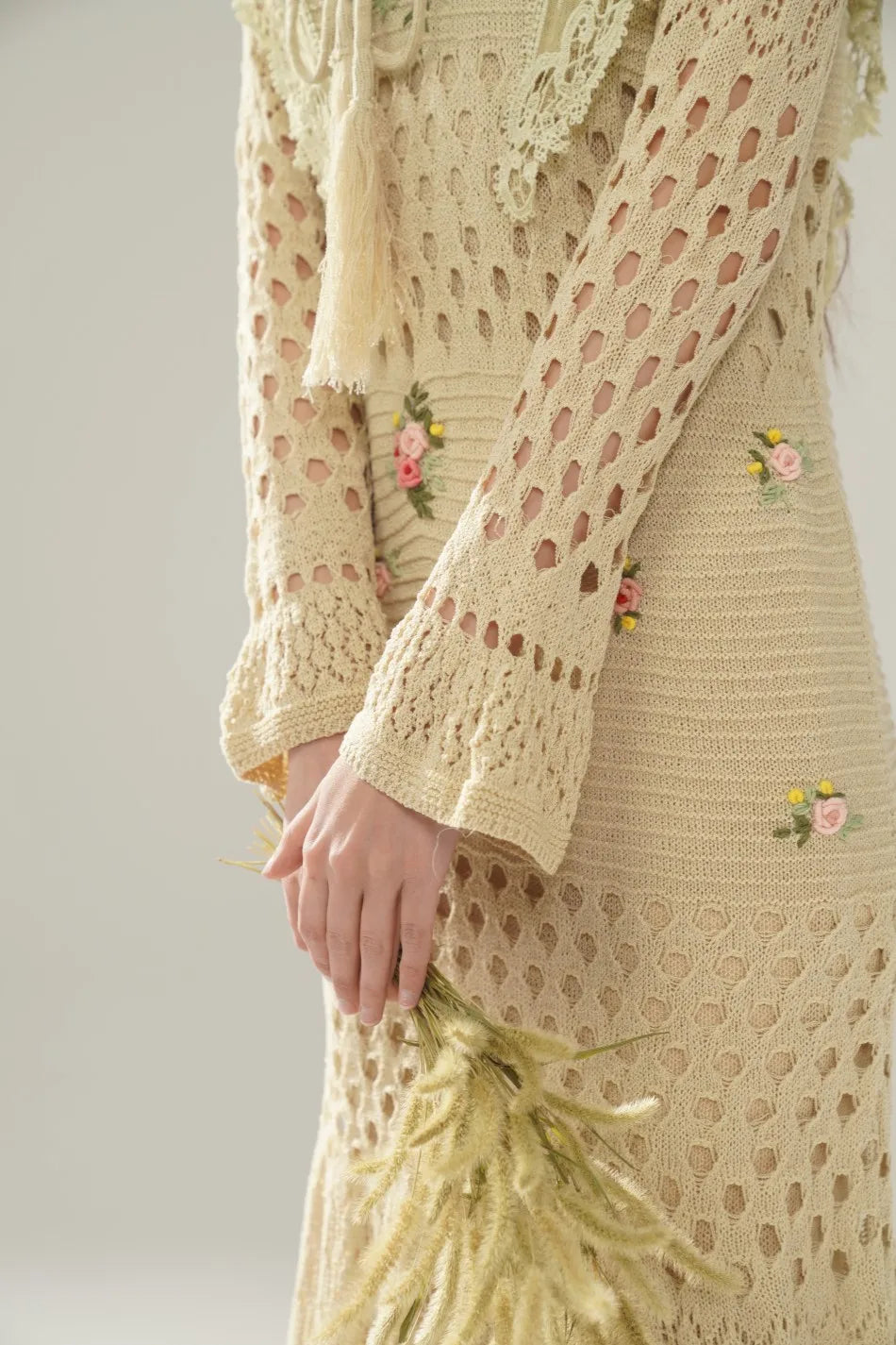 The Versailles Rose Knitted Fishtail | Hand-Embroidered Silk Blend Dress | French V-Neck Gown | Parisian Princess