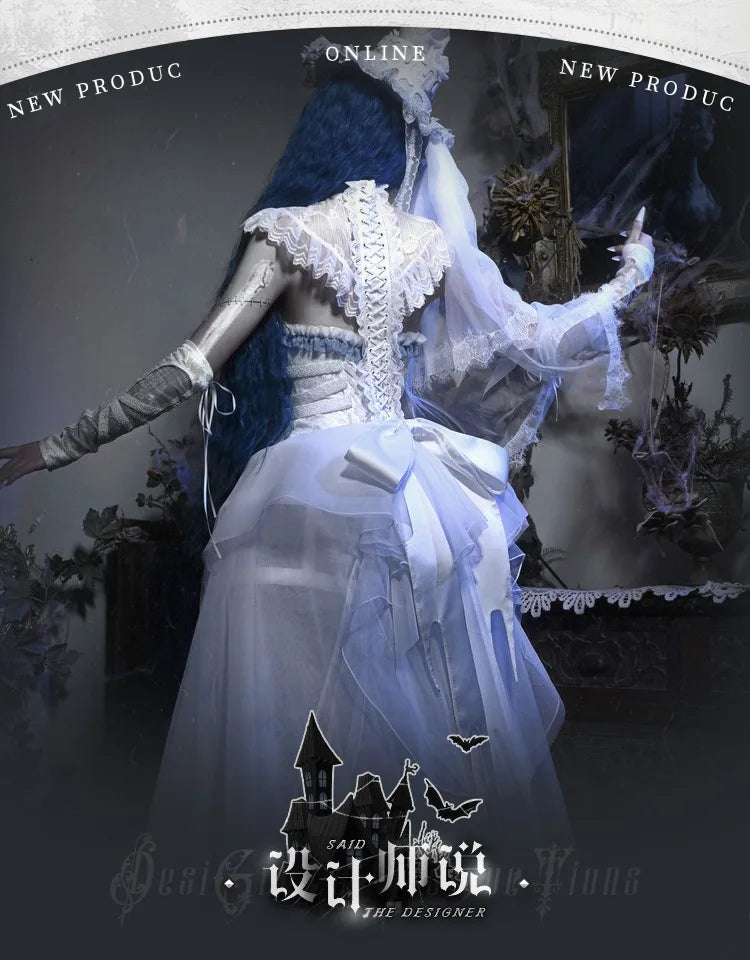 The Gothica White Gothic Dress | Zombie Bride Spine Lace Gown | Chiffon Tailed Party Dress with Cape | Parisian Princess
