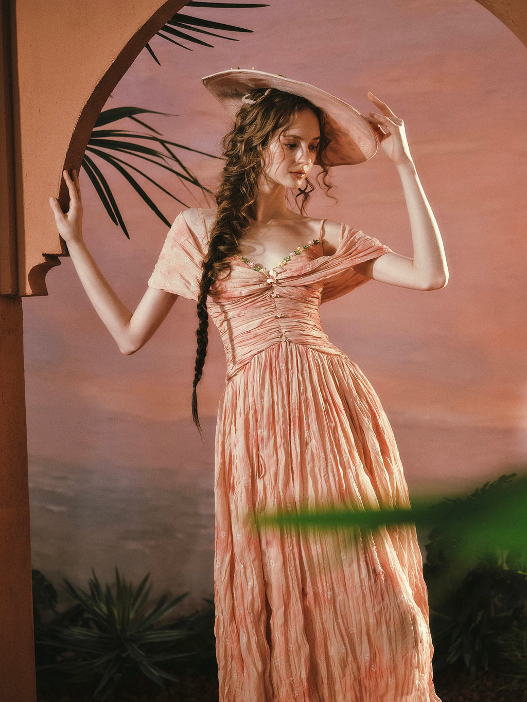 The Caprician Sunset Oil Painting Gown | Coral Shimmer Fairy Skirt | 3/4 Sleeve A-Line Dress | Parisian Princess