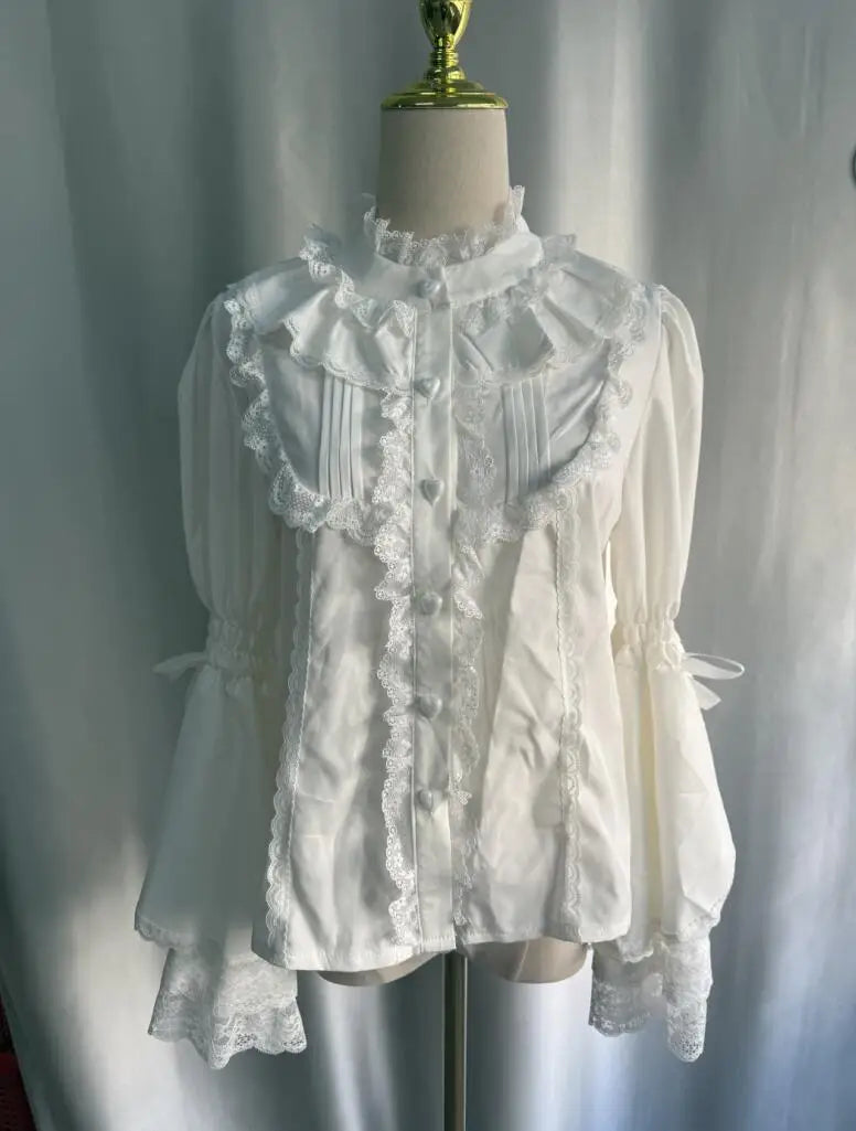 French Parisian Cute Lolita Flare Sleeve Shirt Parisian Aesthetic Lace Patchwork Blouse Tops Women JK Sweet Loose Blusas
