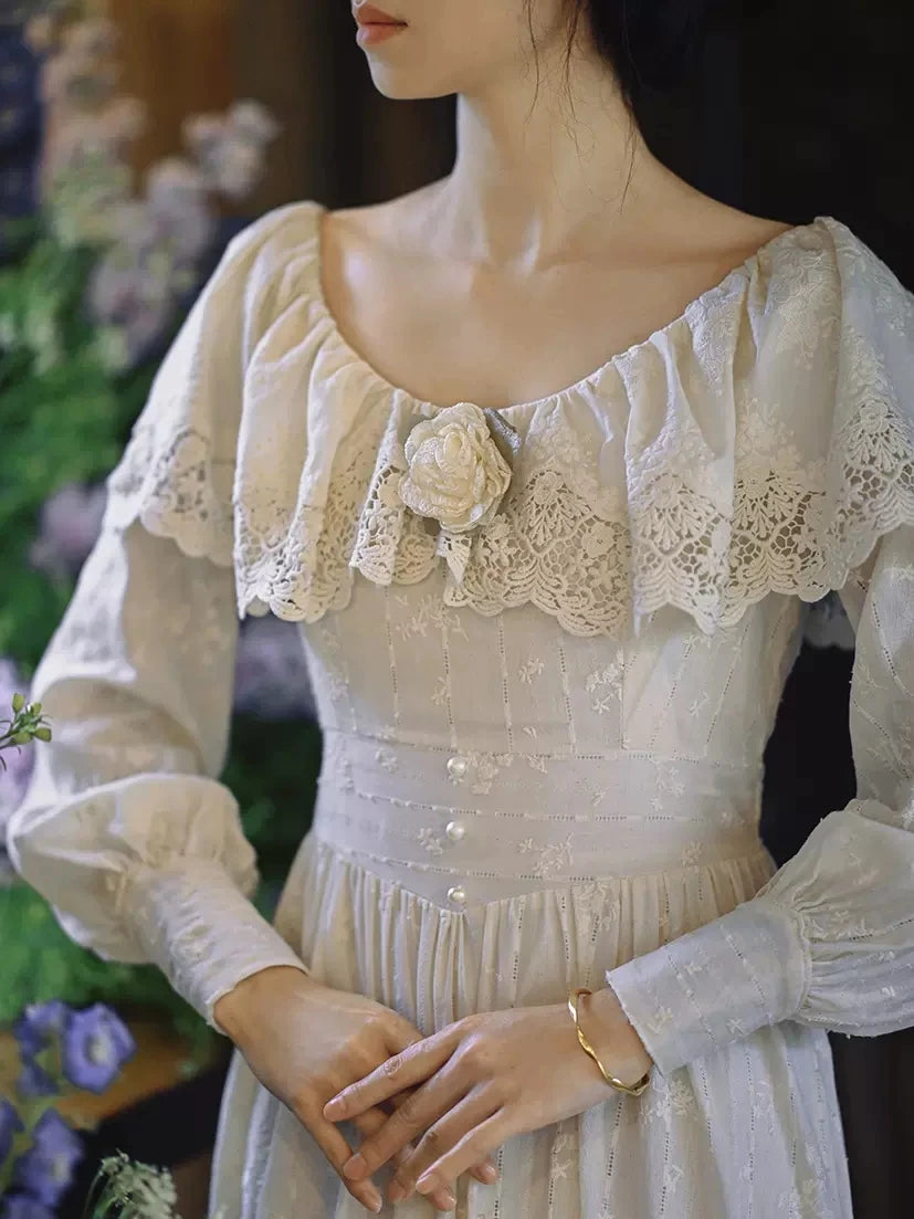 Parisian Signature Women European Vintage Embroidered Slim Waist Comfortable Cotton Maxi Dresses