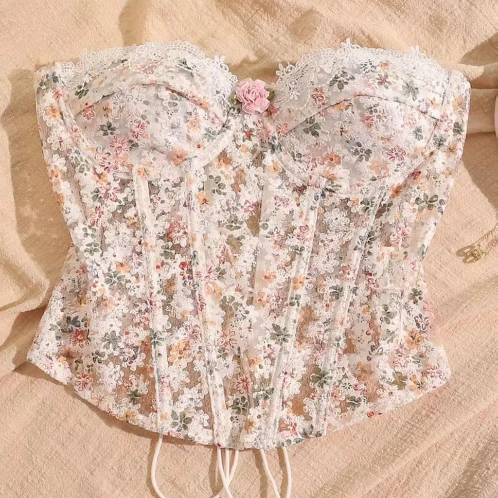 The Versailles Blossom Corset | Floral Hollow-Out Strapless Bustier | Lace-Up Boned Camisole | Parisian Princess