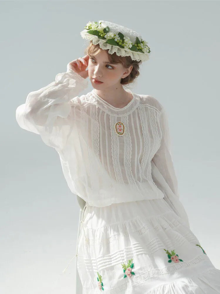 The Palais Rose Ramie Blouse | 100% Ramie Thin White Blouse | French Vintage Handmade 3D Rose Embroidered O-Neck Loose Top | Parisian Princess