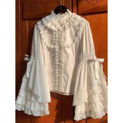 Parisian Signature Blouse Elegant Lolita Shirts Women French Gothic Parisian Lace Ruffle Flare Sleeve Cotton Blouse Female Vintage