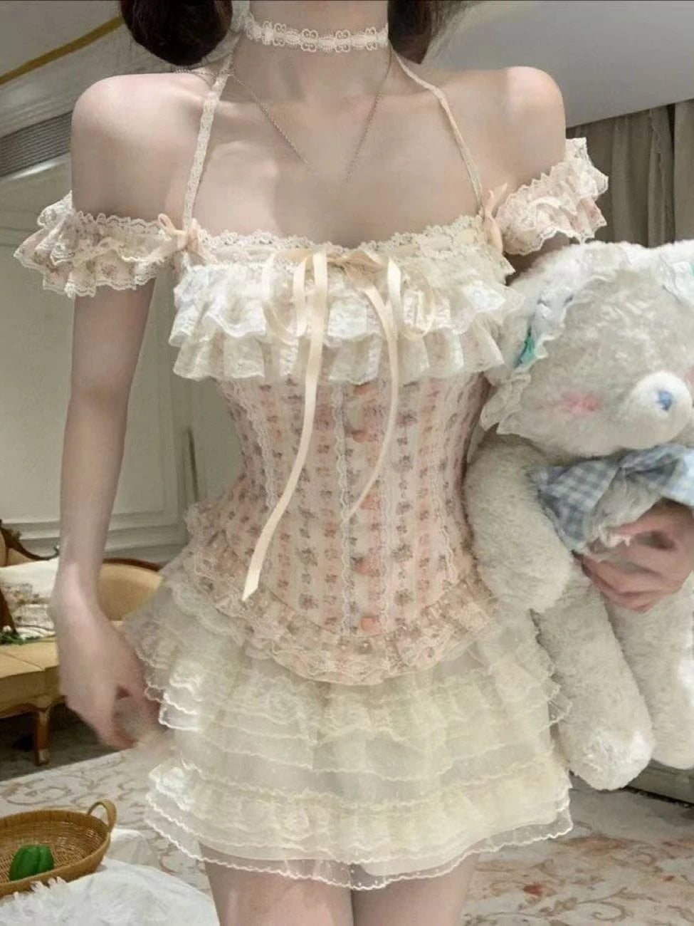 Sweet Parisian 2-Piece Dress Set Women Sexy Off-Shoulder Corset Tops + Mini Cake Skirt French Court Casual Parisian Chic Outfit New