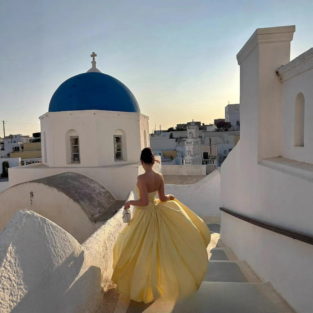 The Trianon Lemon Gown | French Temperament Irregular Lace Pendulum Dress | Yellow Tube Top High-Waist Fit & Flare Maxi | Parisian Princess