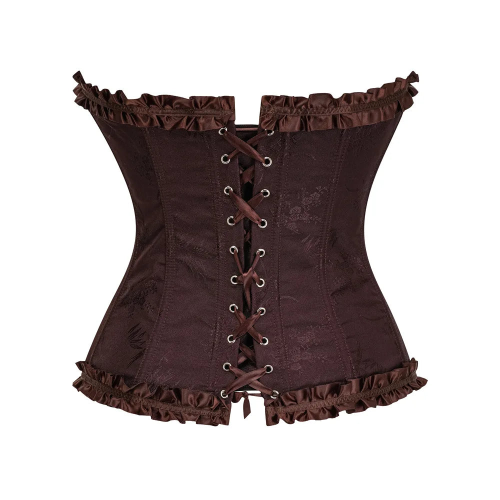 Yellow Jacquard Ruffled Trim Boned Sexy Overbust Push Up Bustier Top Corset Mujer Slimming Corsets For Women Sexy Gothic Clothes