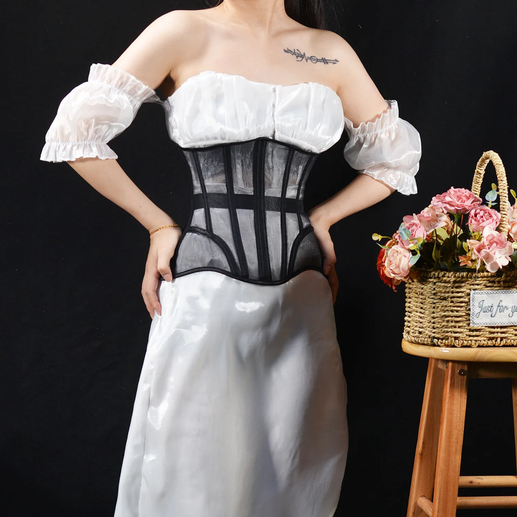 Women Abdomen Tight Corset Crops Under Bust Bustiers Breathable Mesh Waist Girdle With Bones Slimming Lace Up Bodices