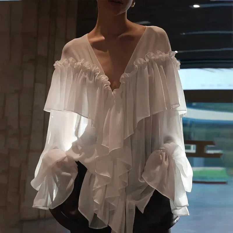 The Éclat Summer Tiered Blouse | French V-Neck Gauze Top | Ethereal Loose Fit Manteau | Parisian Princess