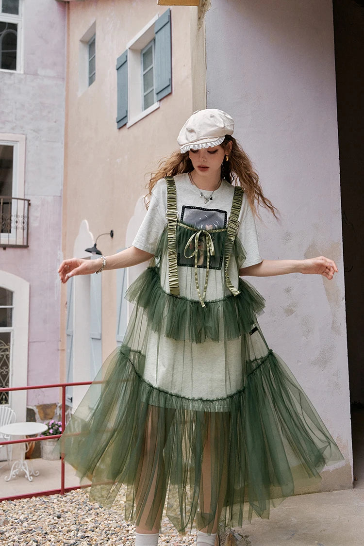 The Toulouse Cotton Lace Dress Set | Sweet Cool Printed T-Shirt & Spliced Maxi | Two-Piece Mesh Dress | Parisian Princess