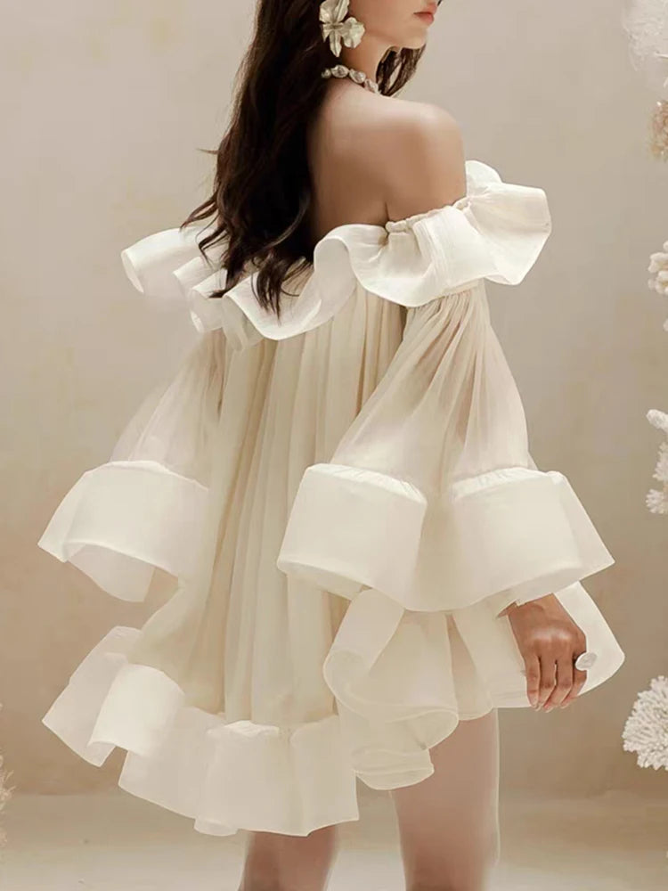 French one-shoulder ruffled strapless dress autumn women's wear princess dress fashionable loose puffy dress