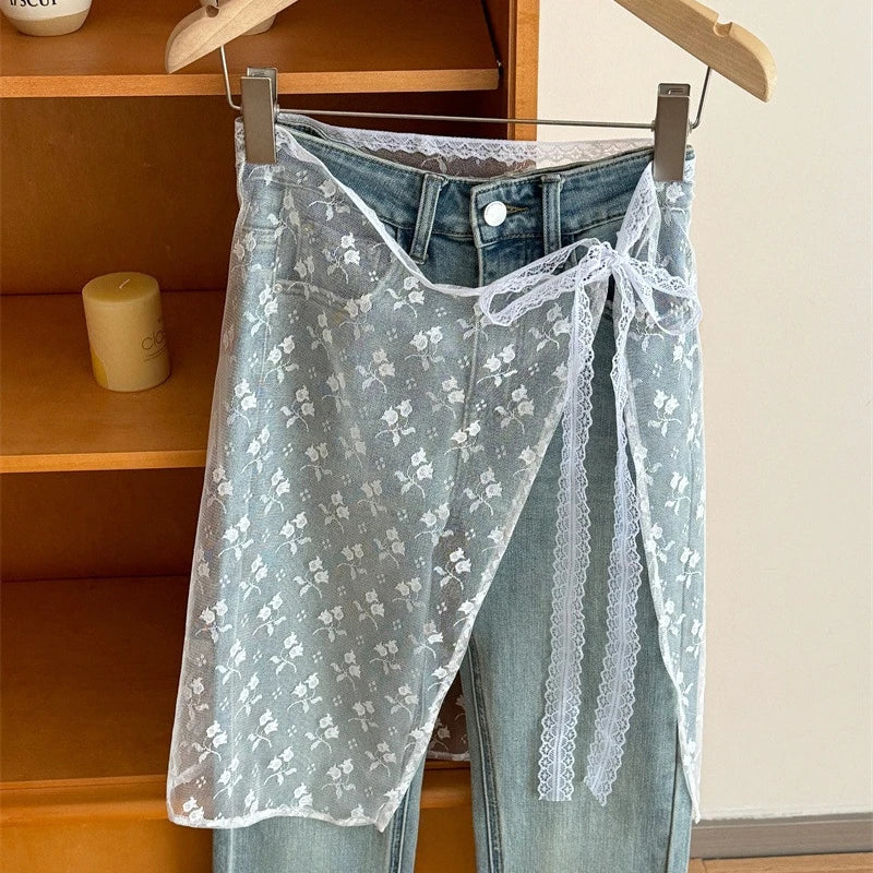 Lace-up Lace Side Half-body Skirt Short Sash Curtain Apron Girls Sweet Jeans Casual Pants Accessories Skirt