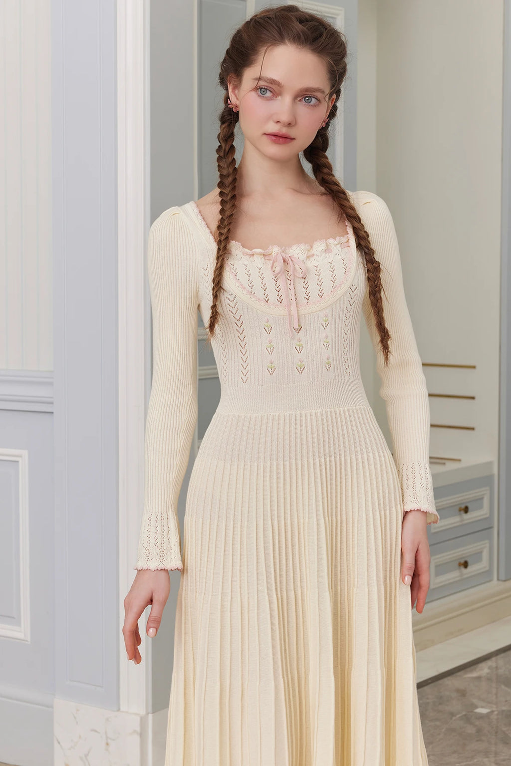 76-88cmBust FallWinter Long Pleated Dress Women Vintage ElegantSlim Embroidery Square Neck Flare Sleeve 100%Cotton Knitted Dress