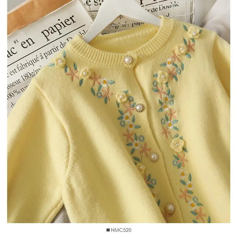 The Tuileries Garden Cardigan | Pink Handmade Floral Embroidered Sweater | Vintage Parisian Girl Knit | Parisian Princess