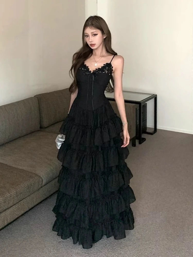 French Sweet Elegant Women Dresses Vintage Design Irregular Strap Evening Dress Fashion Female Puffy Korean Popular Long Dresses