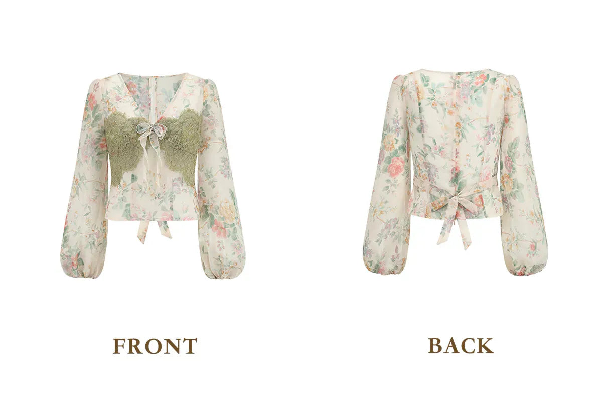 The Orchard Lace Summer Blouse | French Vintage Cottagecore Top | Sheer Printed Organza Lantern Sleeve | Parisian Princess