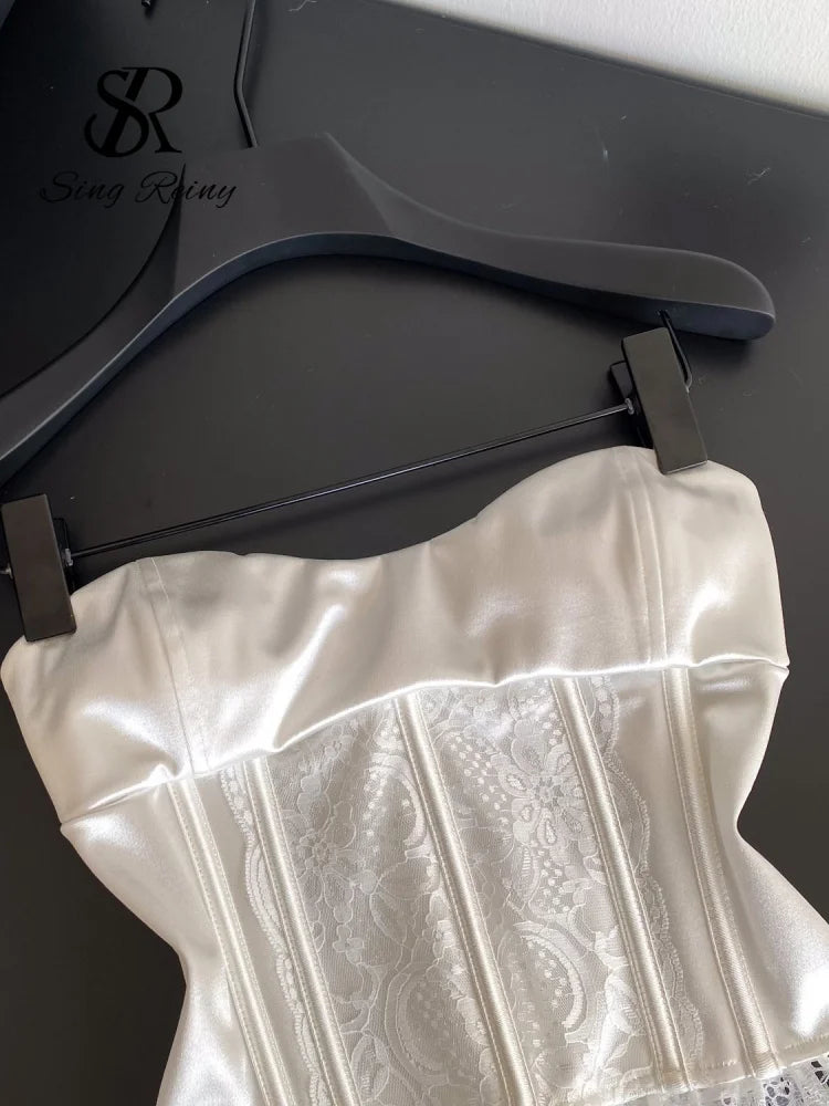 The Fontainebleau Satin Corset Cami | French Lace Strapless Crop Top | Wedding & Night Out Tank | Parisian Princess