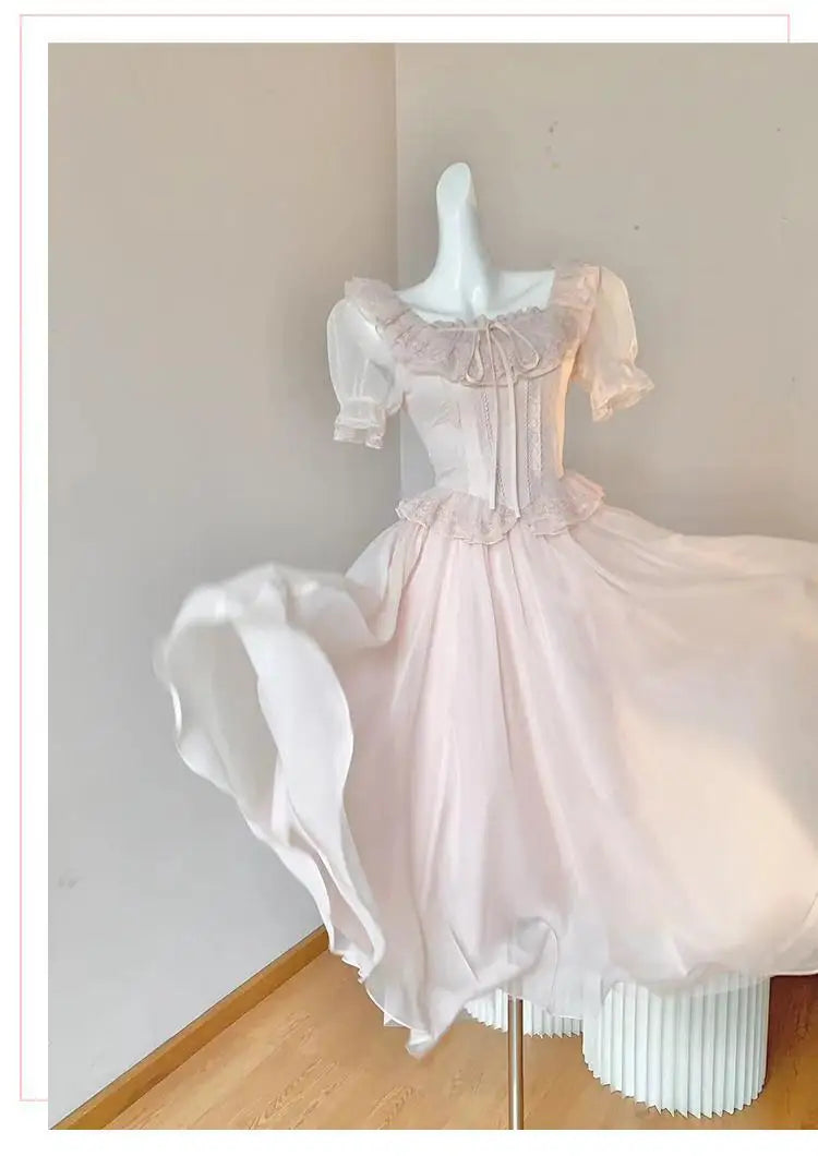 Timeless Signature Parisian Blush Pink Lace Dress French Couture Puff Sleeve Sweet Elegant Max