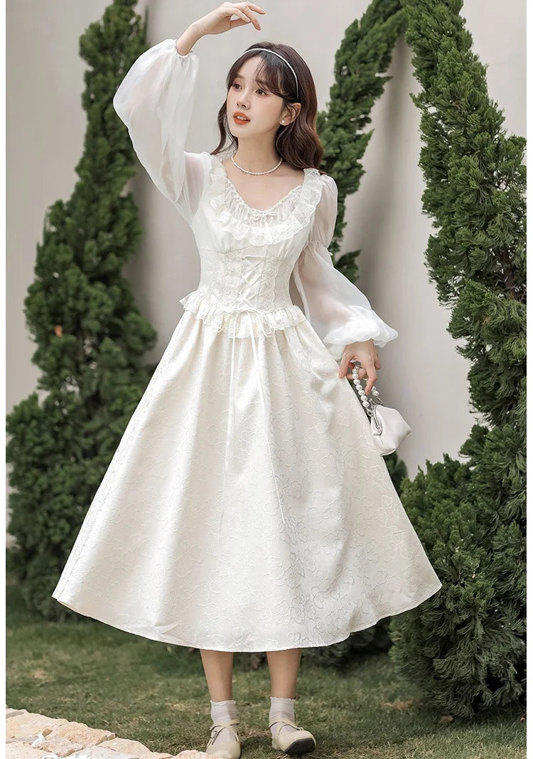 Romantic Lady Fairycore Dresses Vintage Victorian Style Lace Jacquard Lantern Sleeve Lolita Princess Dresses Vestido Festa