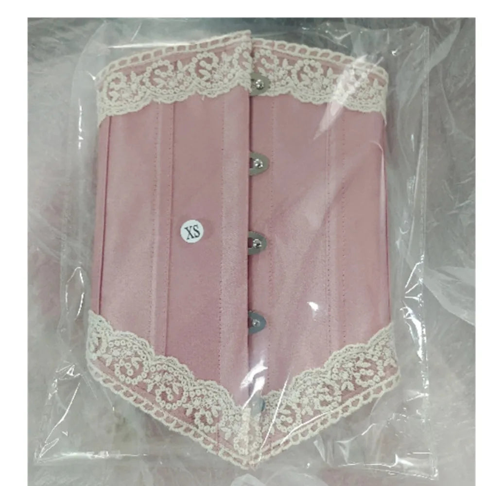 Womens Pink Underbust Corset Top Sexy Lace Trim Boned French Style Lolita Bodices Vintage Bustier Bridal Wedding Party Costumes