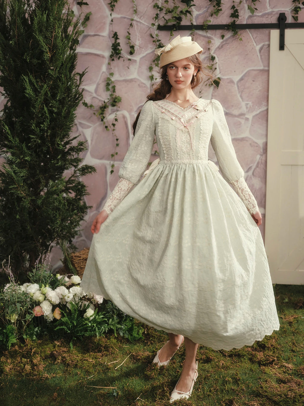 The Fontainebleau Emerald Garden Gown | Green Lantern Sleeve Lace Maxi | Vintage Empire Waist Dress | Parisian Princess