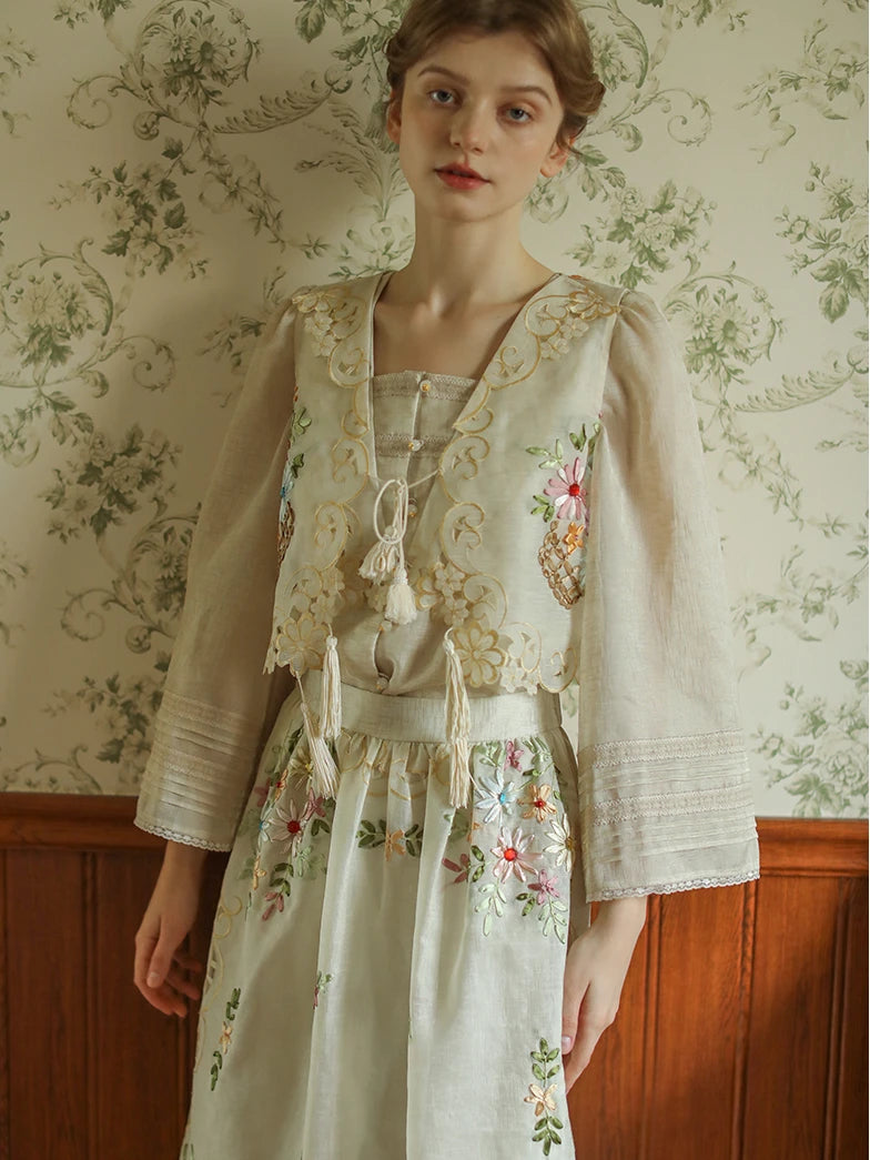 The Antoinette Tassel Embroidery Vest | French Antique Floral Cotton Gilet | Open-Stitch V-Neck | Parisian Princess