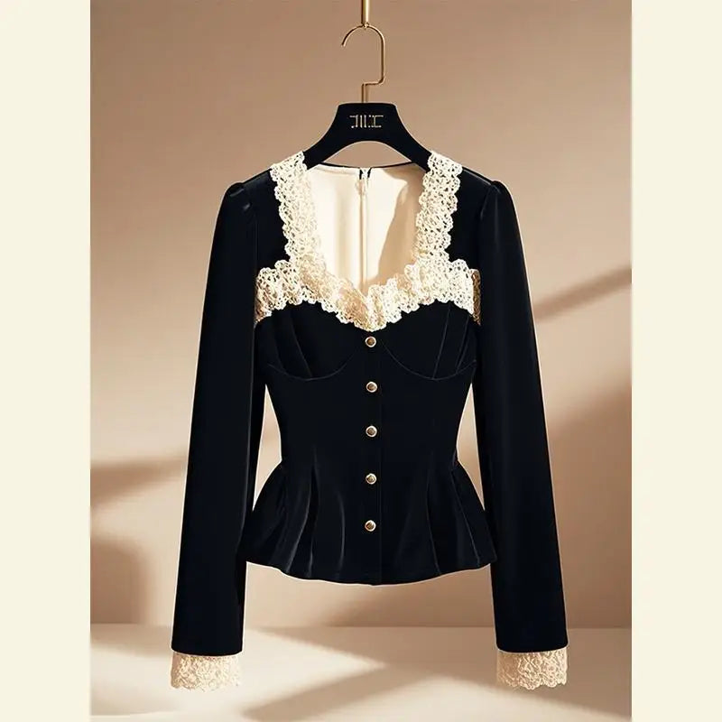 Women Stylish Parisian Vintage French Style Lace Patchwork Blouses Elegant Chic Luxury Slim Shirts Square Collar Black Long Sleeve Tops