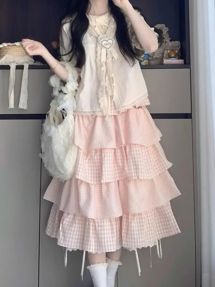 Cute Sweet Sister Classic Parisian Outfit Women's Plaid Ribbon Tied Shirt And Knee-Length Cake Skirt Two-Piece Set